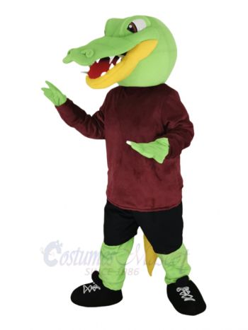 Alligator in Maroon Shirt Mascot Costume Animal