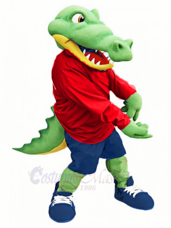 Green Alligator in Blue Sports Shorts Mascot Costume