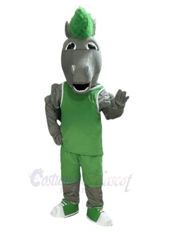 Grey Mustang Horse Mascot Costume Animal in Green Jersey