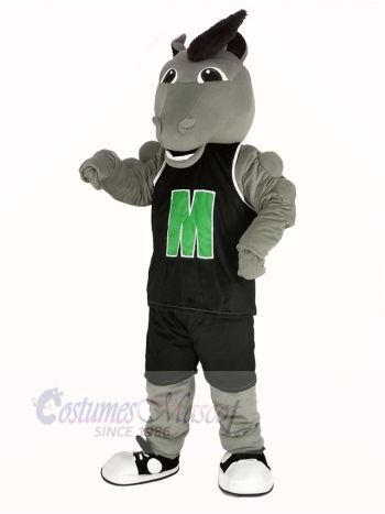 Grey Mustang Horse in Black Sportswear Mascot Costume Animal