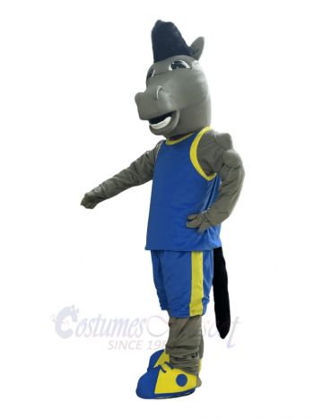 Gray Mustang Horse in Royal Blue Jersey Mascot Costume Animal