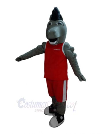 Grey Mustang Horse in Red Jersey Mascot Costume
