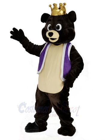 Dark Brown King Bear in Purple Waistcoat Mascot Costume Animal